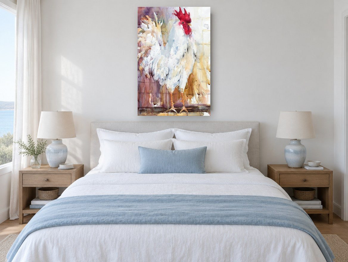 White Rooster Study animal canvas print on the wall of a bedroom
