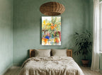 Bouquet and Wine Bottle floral canvas print on the wall of a bedroom