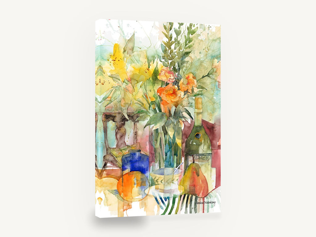 Bouquet and Wine Bottle, orange roses still life watercolour, floral canvas wall art print ready to hang
