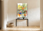 Bouquet and Wine Bottle floral canvas print on the wall of a hallway
