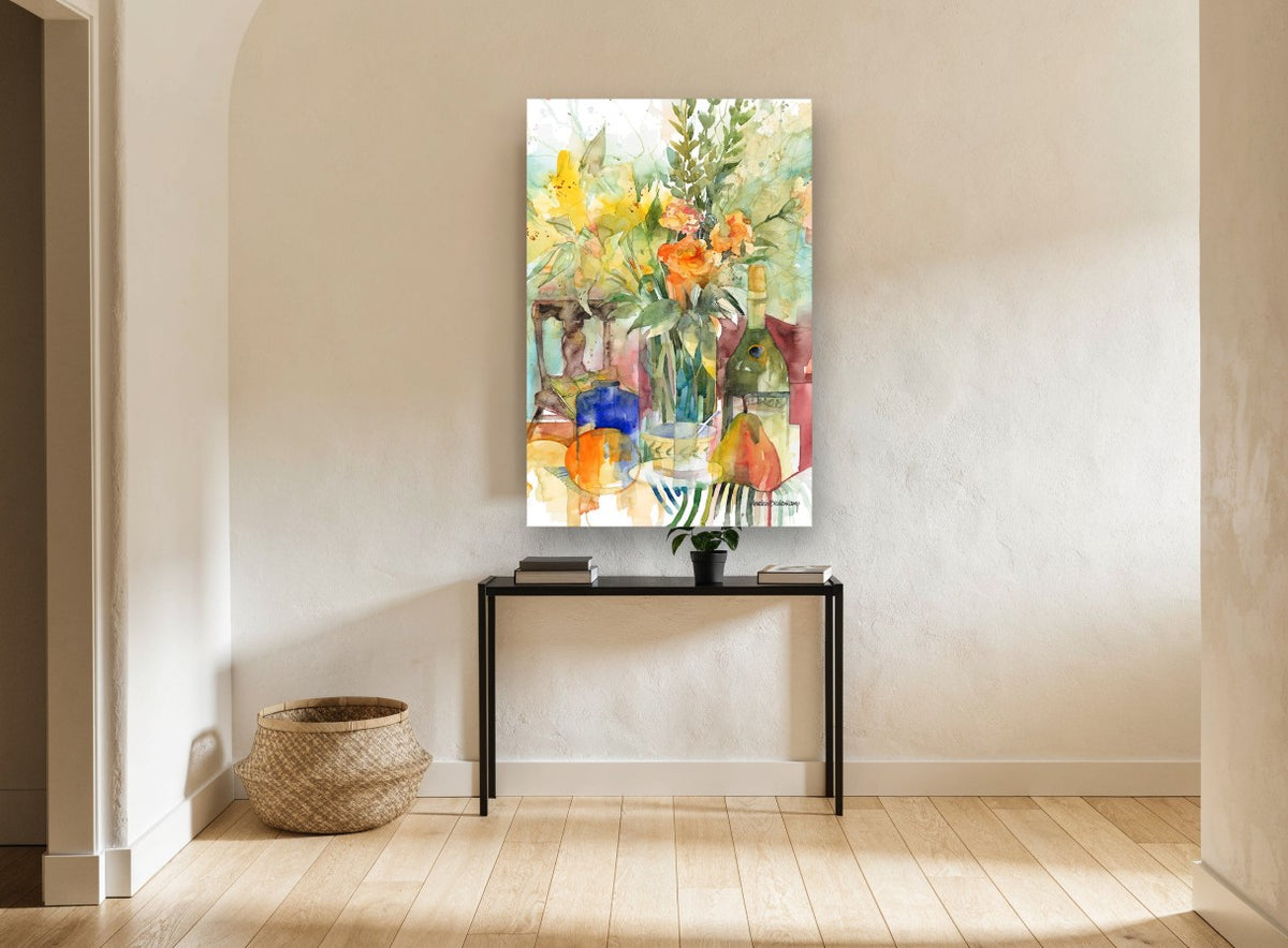 Bouquet and Wine Bottle floral canvas print on the wall of a hallway