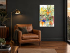 Bouquet and Wine Bottle floral canvas print on the wall of a charcoal living room