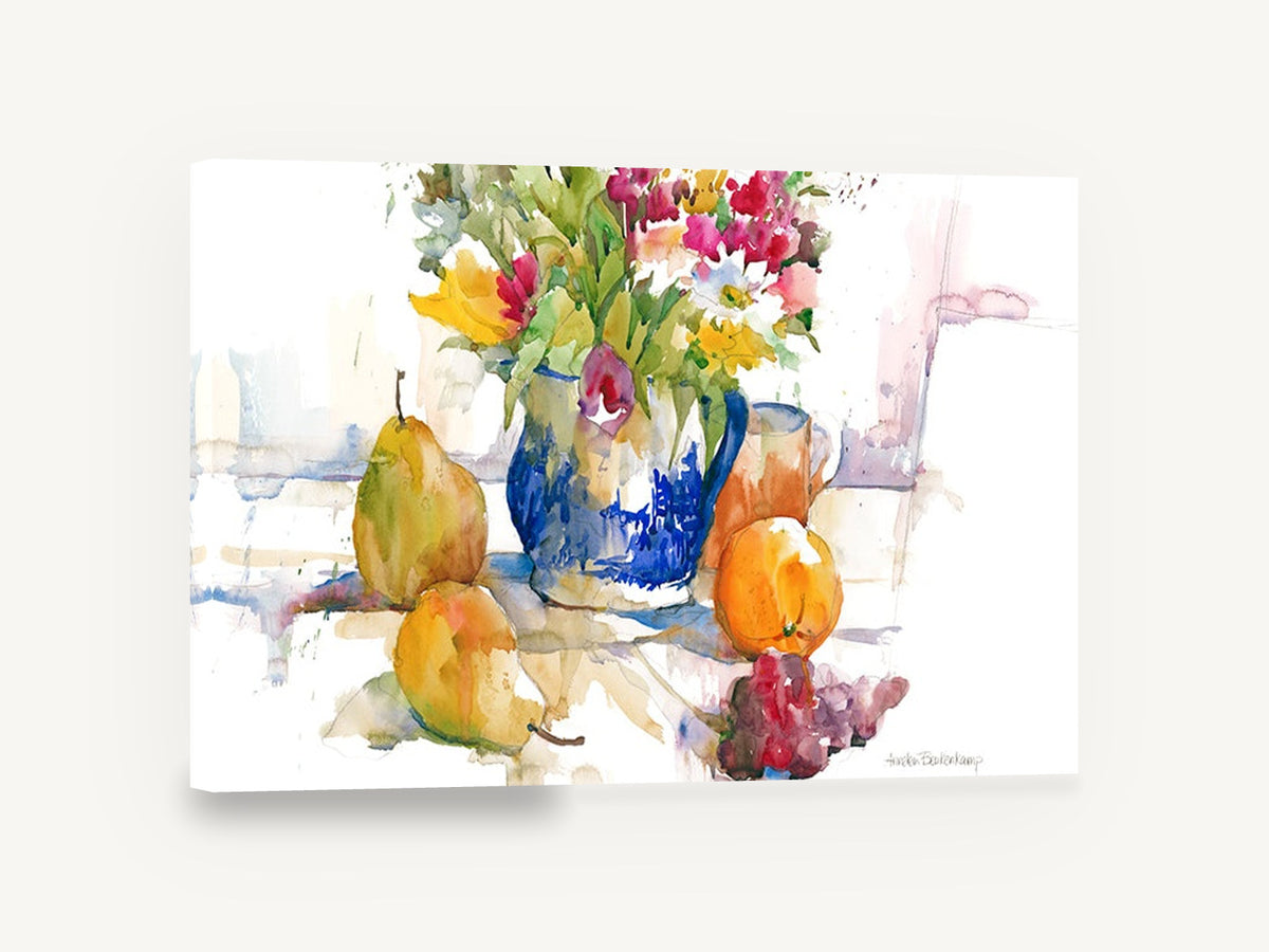 Blue Jug and Pears, blue jug flowers pears watercolour, floral canvas wall art print ready to hang