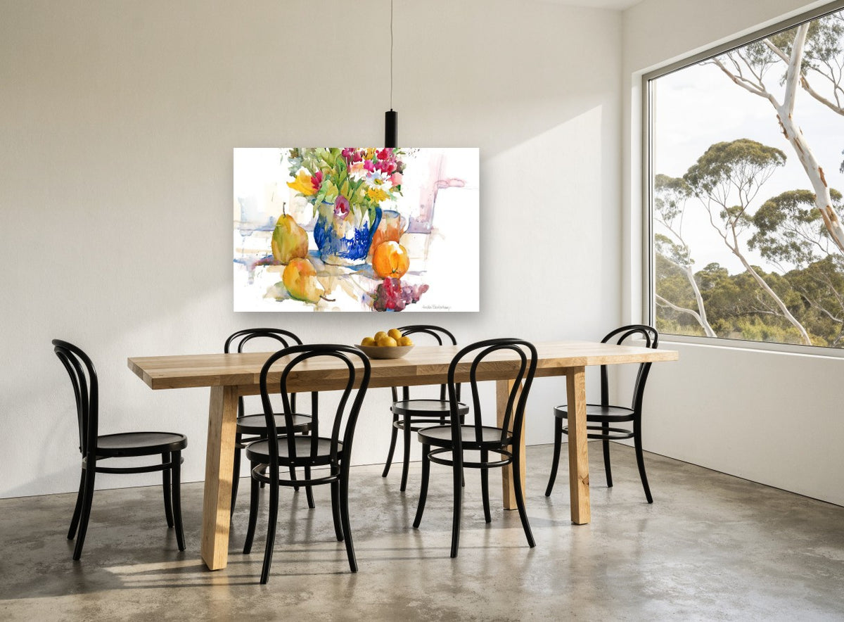 Blue Jug and Pears floral canvas print on the wall of a dining room