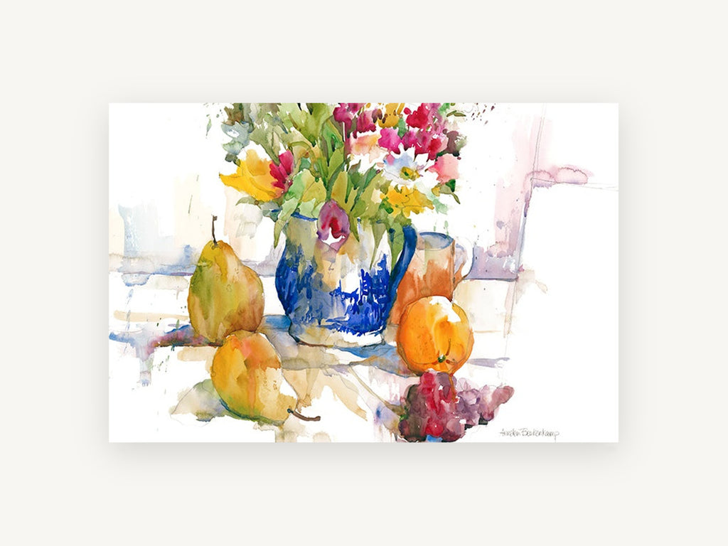 Blue Jug and Pears, floral canvas wall art print, front view