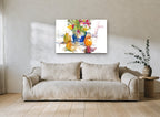 Blue Jug and Pears floral canvas print on the wall of a living room
