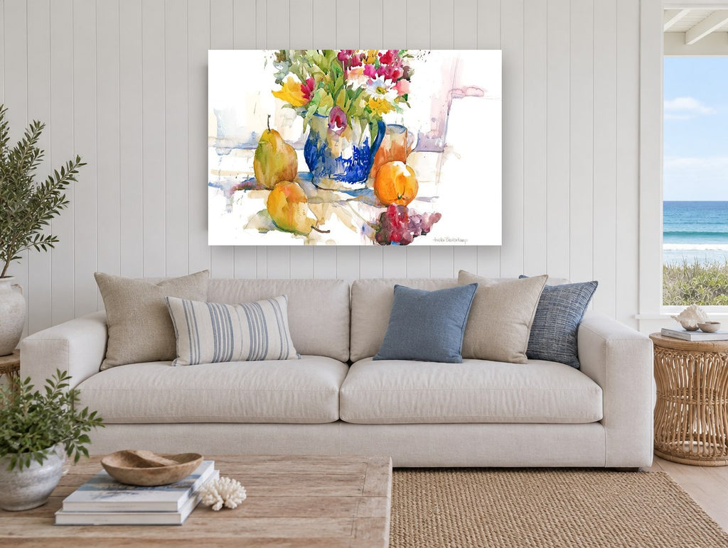 Blue Jug and Pears floral canvas print on the wall of a beach house living room