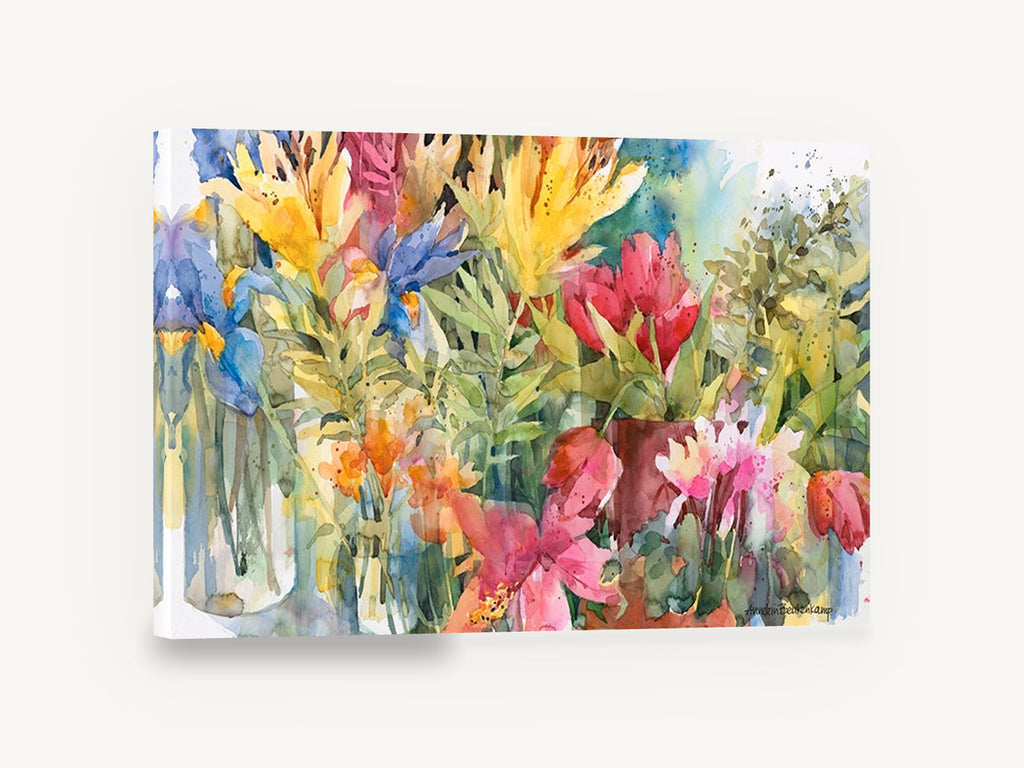 Garden Bouquet Burst, mixed flower bouquet watercolour floral, floral canvas wall art print ready to hang