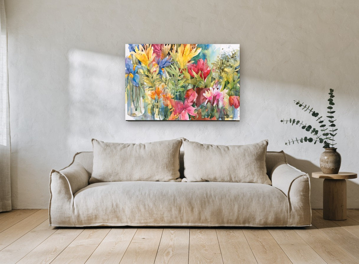 Garden Bouquet Burst floral canvas print on the wall of a living room