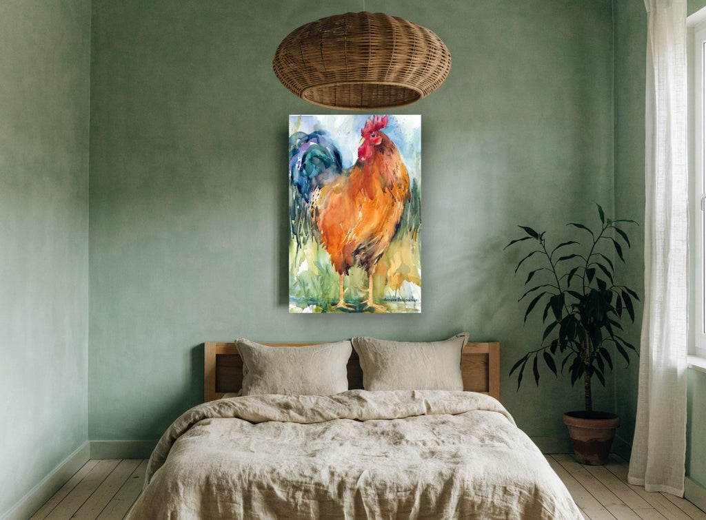 Amber Rooster in Grass animal canvas print on the wall of a bedroom