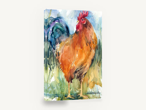 Amber Rooster in Grass, rooster watercolour portrait, animal canvas wall art print ready to hang