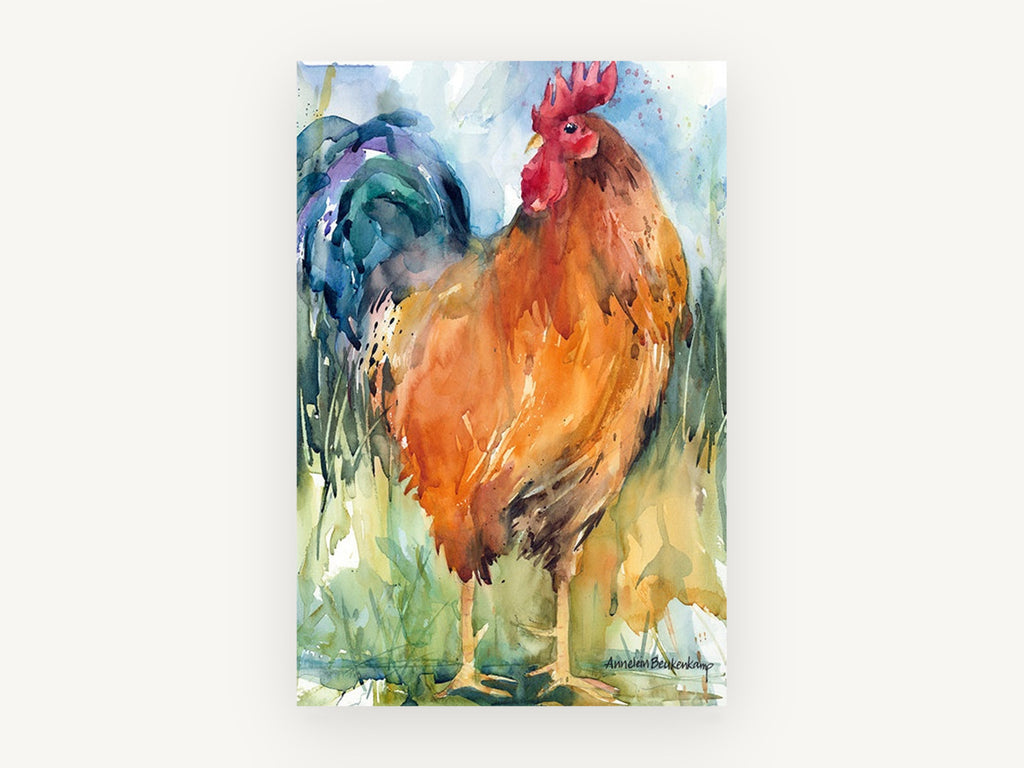 Amber Rooster in Grass, rooster watercolour portrait, animal canvas wall art print, front view