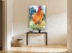 Amber Rooster in Grass animal canvas print on the wall of a hallway