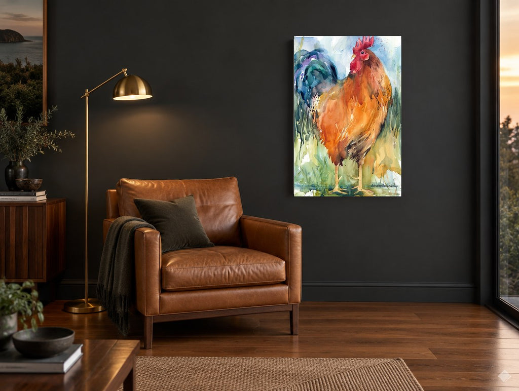 Amber Rooster in Grass animal canvas print on the wall of a charcoal living room
