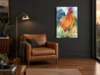 Amber Rooster in Grass animal canvas print on the wall of a charcoal living room