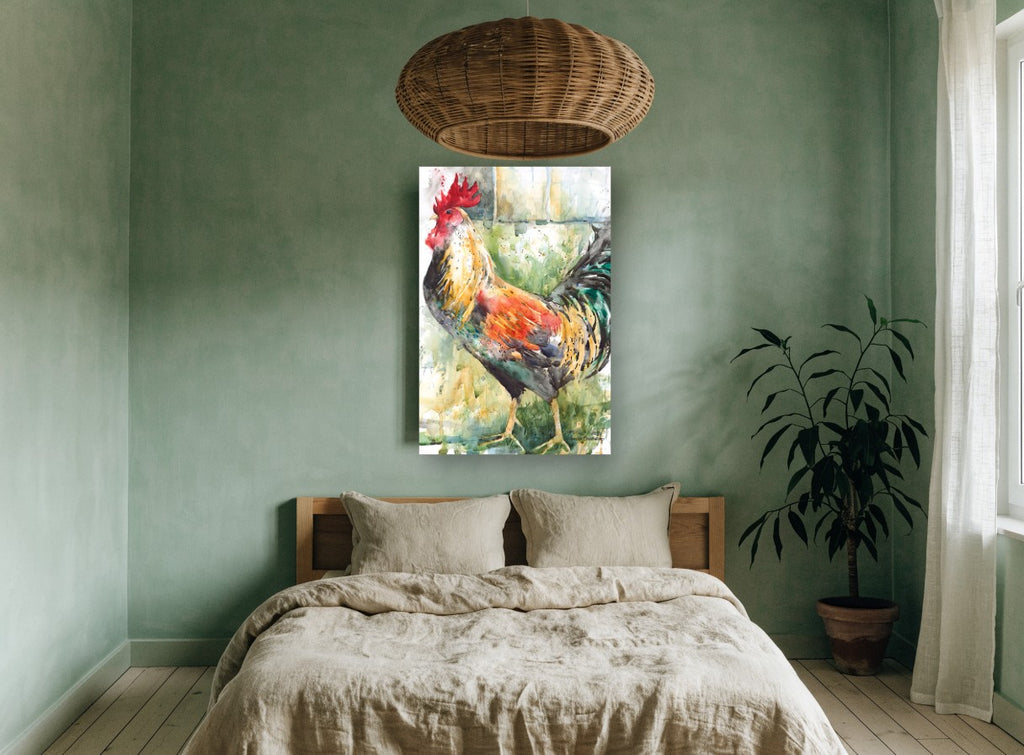 Strutting Rooster Watercolour animal canvas print on the wall of a bedroom