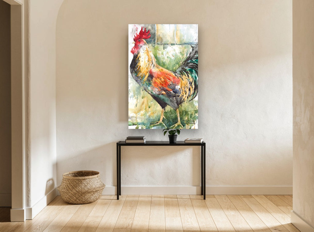 Strutting Rooster Watercolour animal canvas print on the wall of a hallway