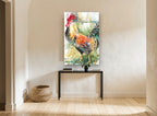 Strutting Rooster Watercolour animal canvas print on the wall of a hallway