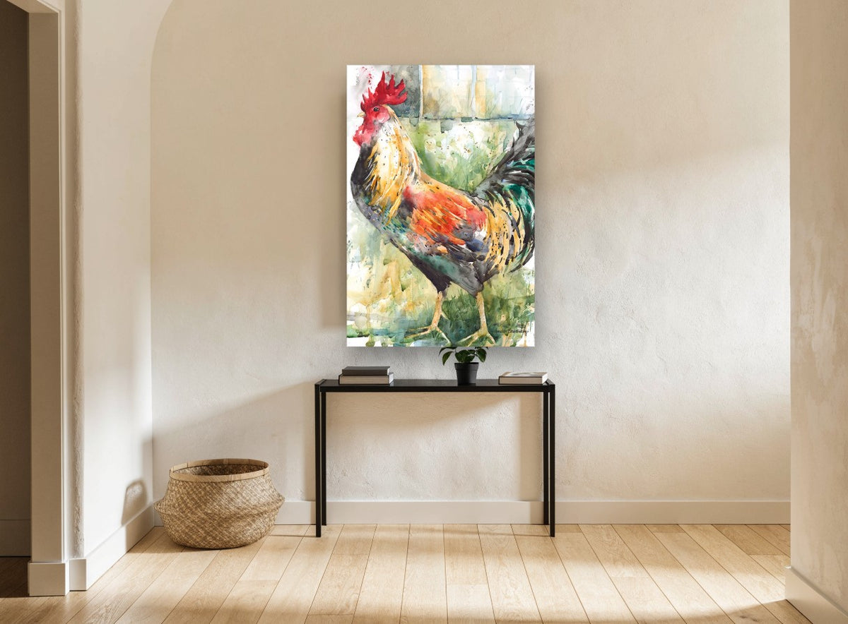 Strutting Rooster Watercolour animal canvas print on the wall of a hallway