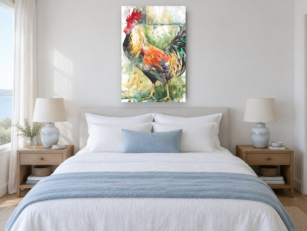 Strutting Rooster Watercolour animal canvas print on the wall of a bedroom
