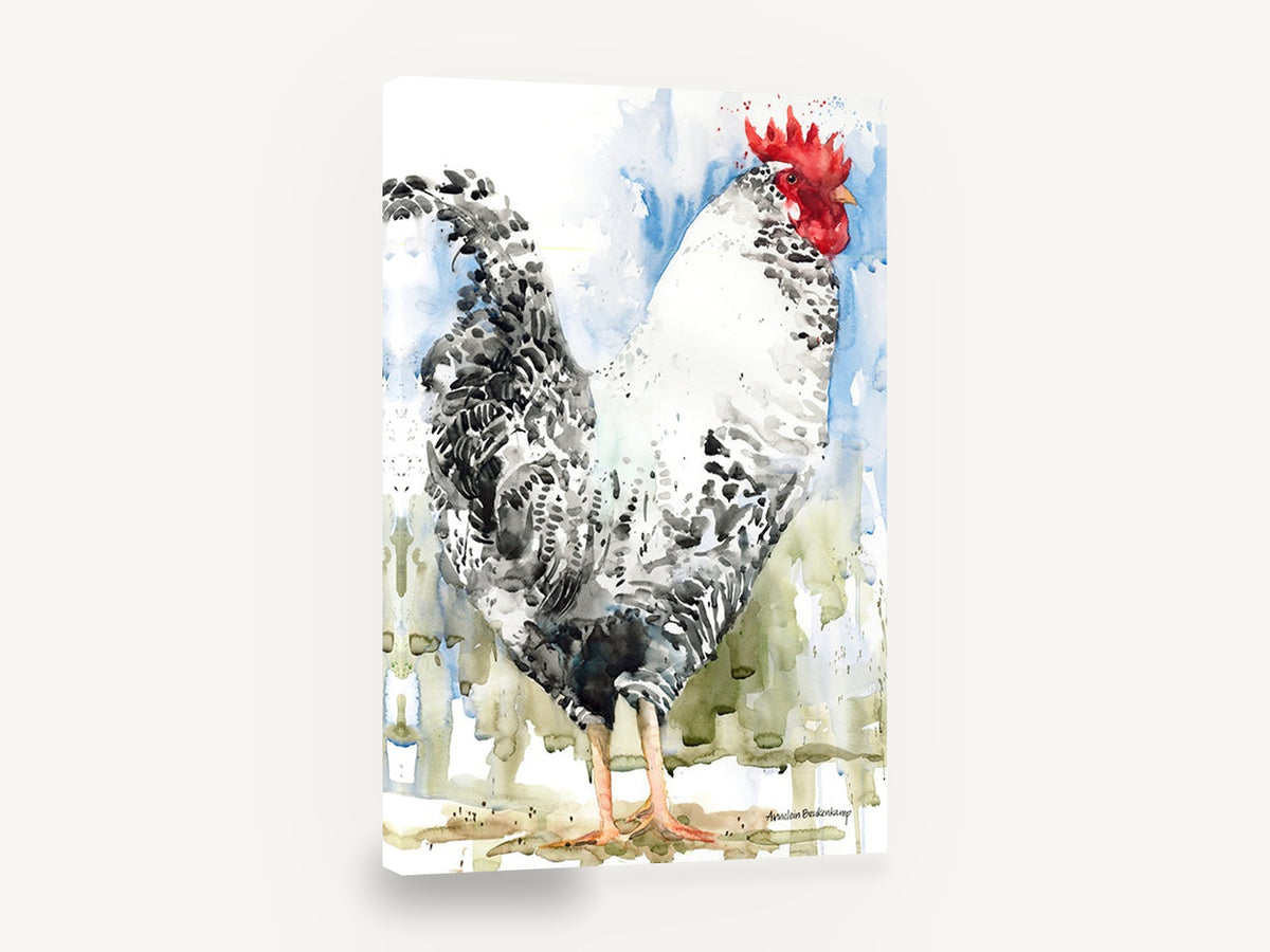 Barred Rooster in Blue, barred rooster watercolour portrait, animal canvas wall art print ready to hang