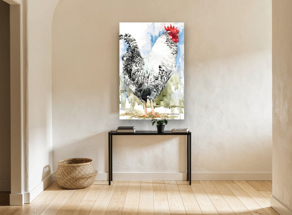 Barred Rooster in Blue animal canvas print on the wall of a hallway