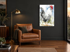Barred Rooster in Blue animal canvas print on the wall of a charcoal living room