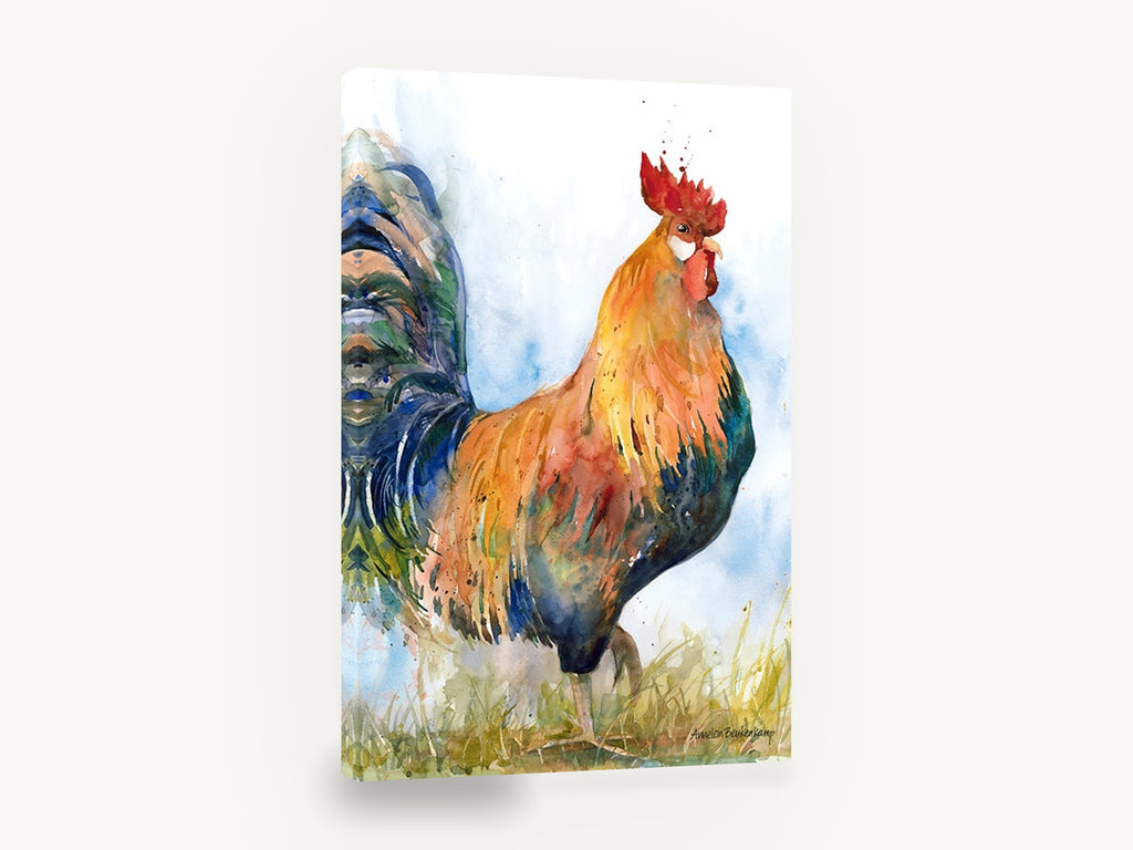 Strutting Rooster, rooster watercolour portrait, animal canvas wall art print ready to hang