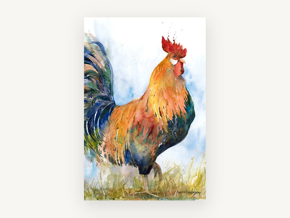 Strutting Rooster, rooster watercolour portrait, animal canvas wall art print, front view