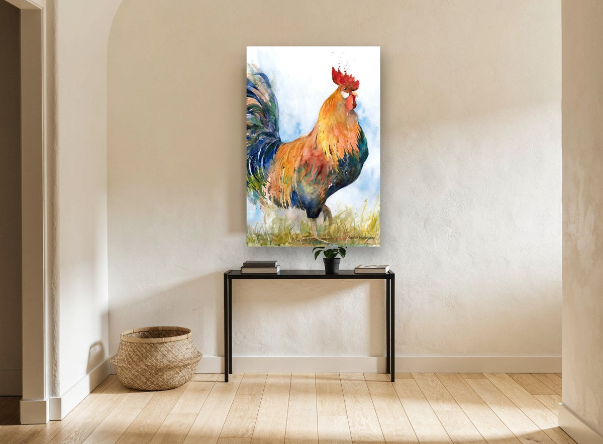 Strutting Rooster animal canvas print on the wall of a hallway