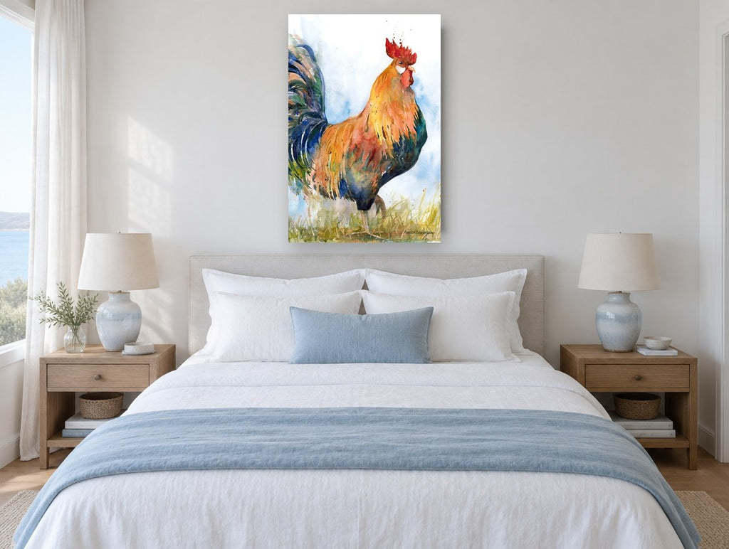 Strutting Rooster animal canvas print on the wall of a bedroom