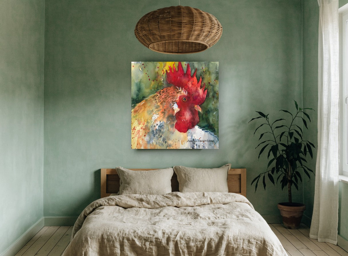 Crimson Crest Rooster animal canvas print on the wall of a bedroom