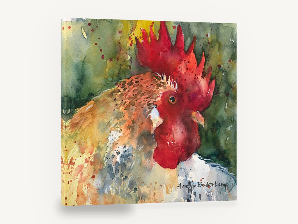 Crimson Crest Rooster, rooster watercolour portrait, animal canvas wall art print ready to hang