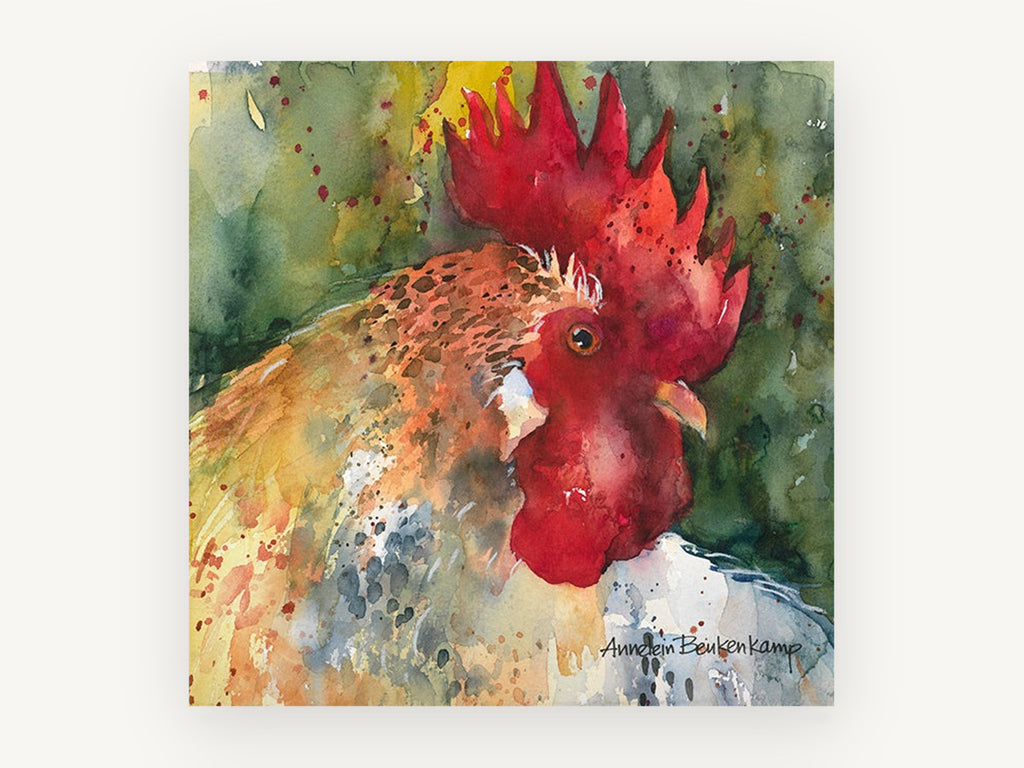 Crimson Crest Rooster, rooster watercolour portrait, animal canvas wall art print, front view