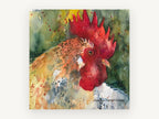 Crimson Crest Rooster, rooster watercolour portrait, animal canvas wall art print, front view