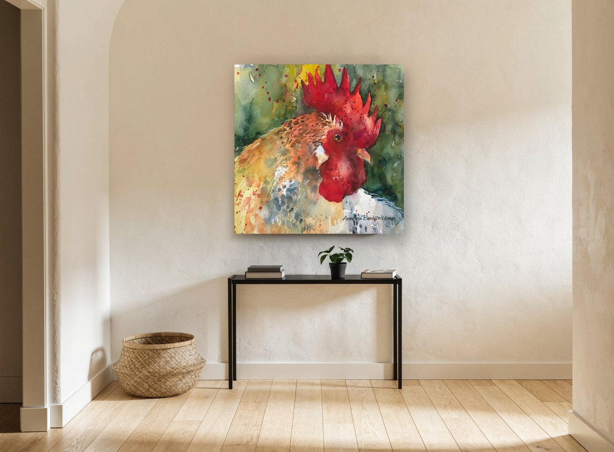 Crimson Crest Rooster animal canvas print on the wall of a hallway