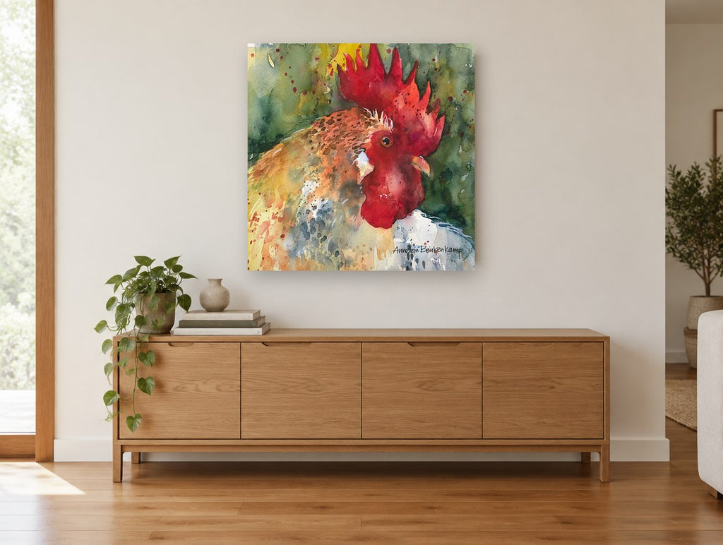 Crimson Crest Rooster animal canvas print on the wall of a living room above a sideboard