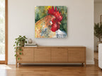 Crimson Crest Rooster animal canvas print on the wall of a living room above a sideboard