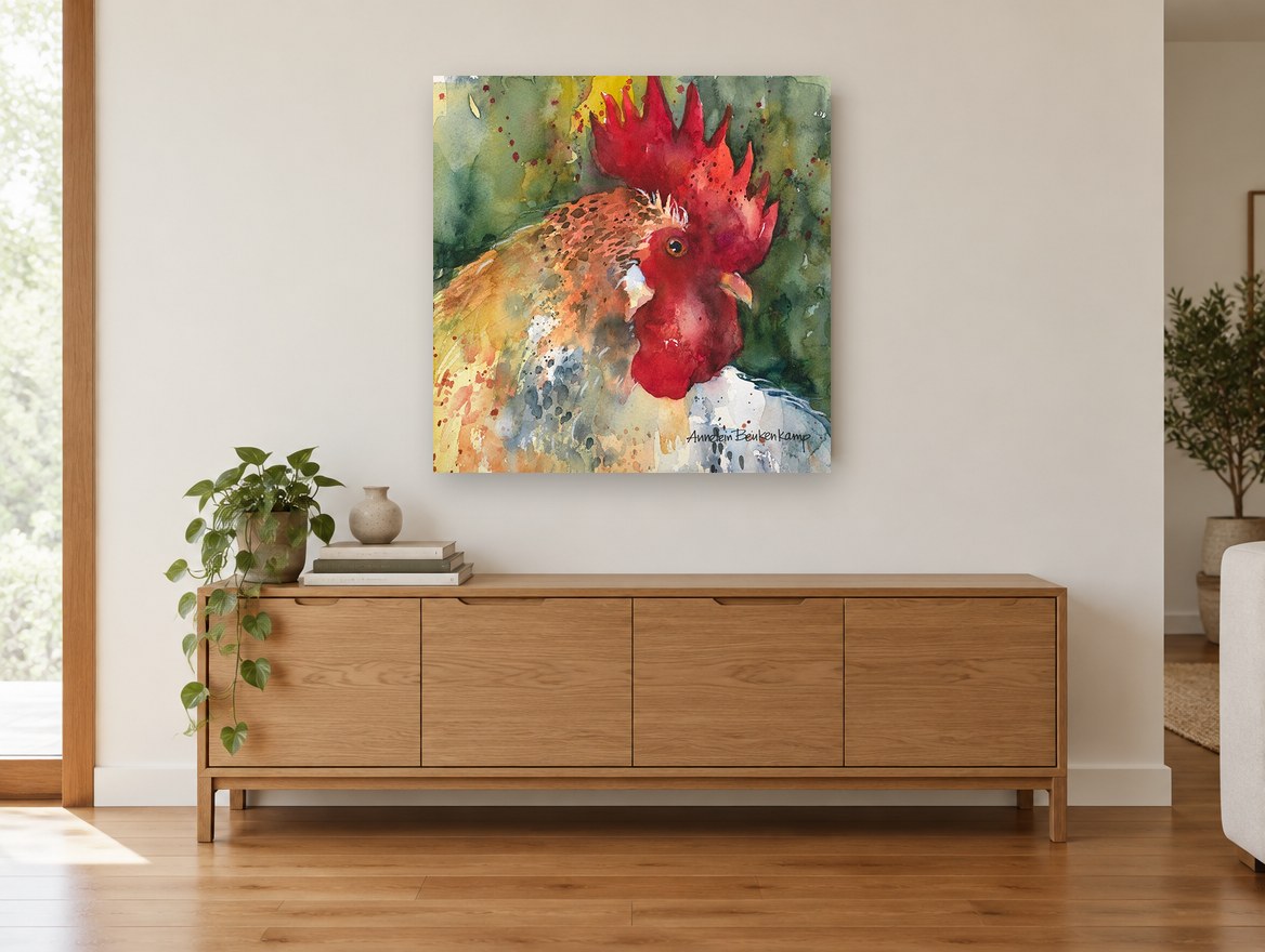 Crimson Crest Rooster animal canvas print on the wall of a living room above a sideboard