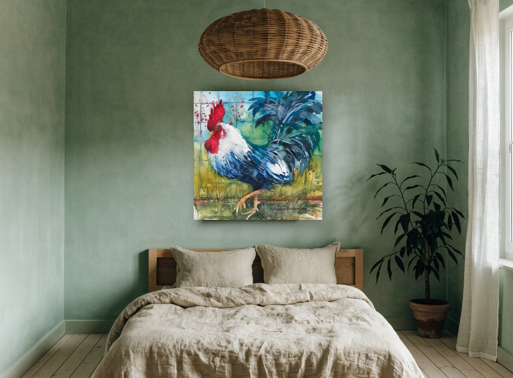 Strutting Blue Rooster animal canvas print on the wall of a bedroom
