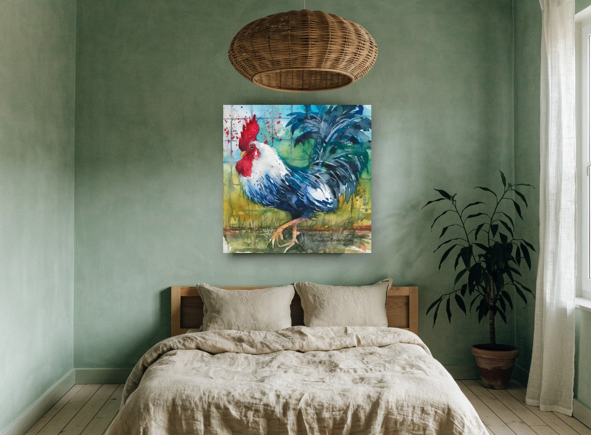 Strutting Blue Rooster animal canvas print on the wall of a bedroom