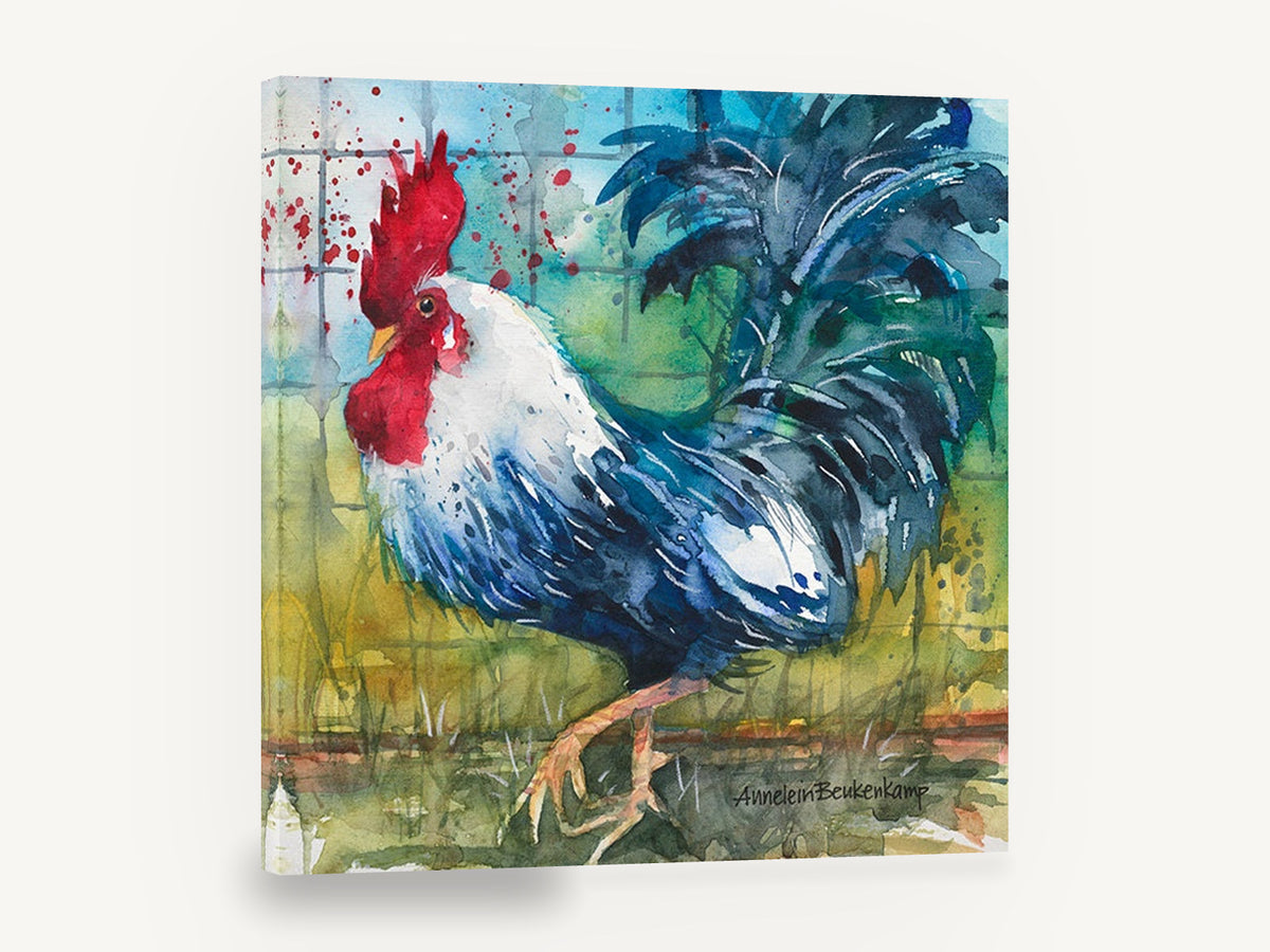 Strutting Blue Rooster, rooster watercolour farmyard portrait, animal canvas wall art print ready to hang