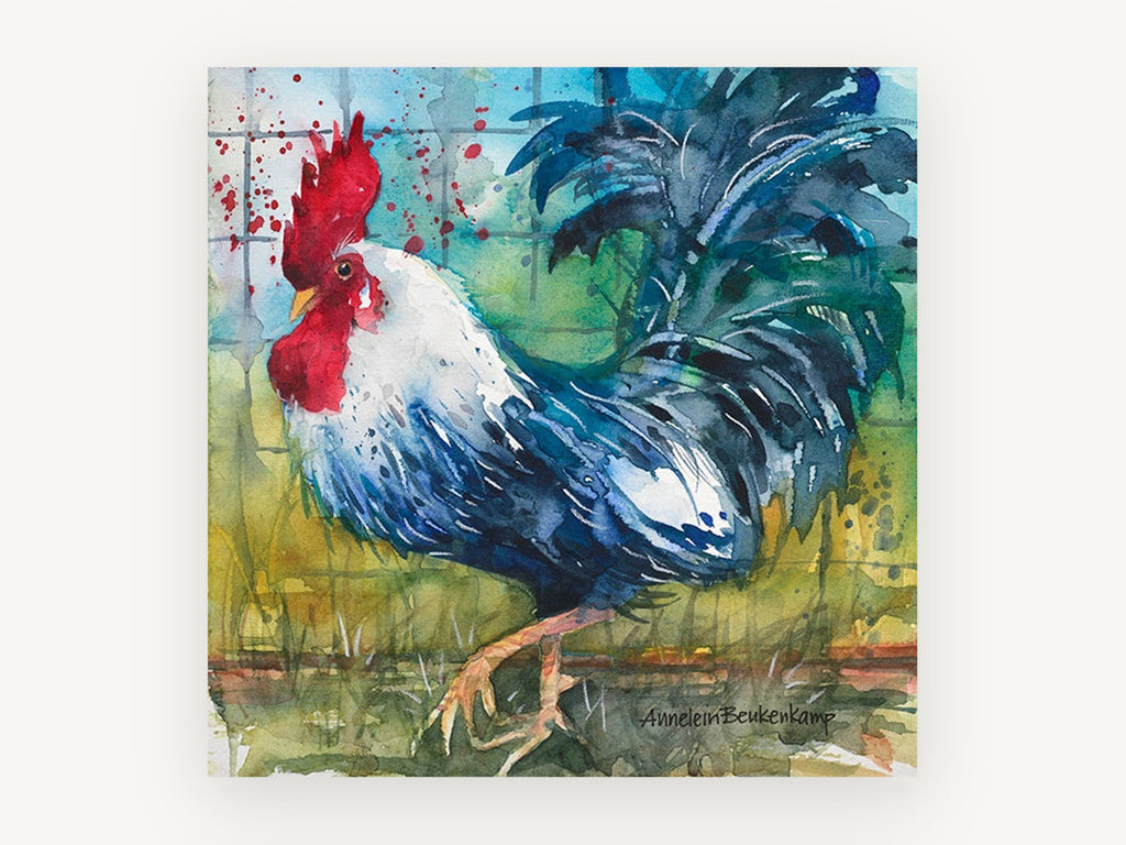 Strutting Blue Rooster, rooster watercolour farmyard portrait, animal canvas wall art print, front view