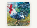 Strutting Blue Rooster, rooster watercolour farmyard portrait, animal canvas wall art print, front view