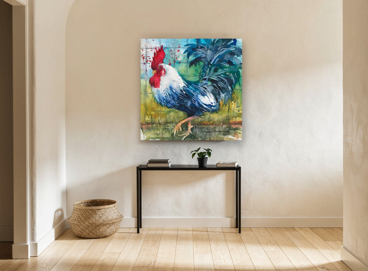 Strutting Blue Rooster animal canvas print on the wall of a hallway