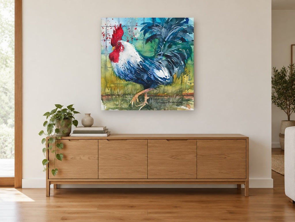 Strutting Blue Rooster animal canvas print on the wall of a living room above a sideboard