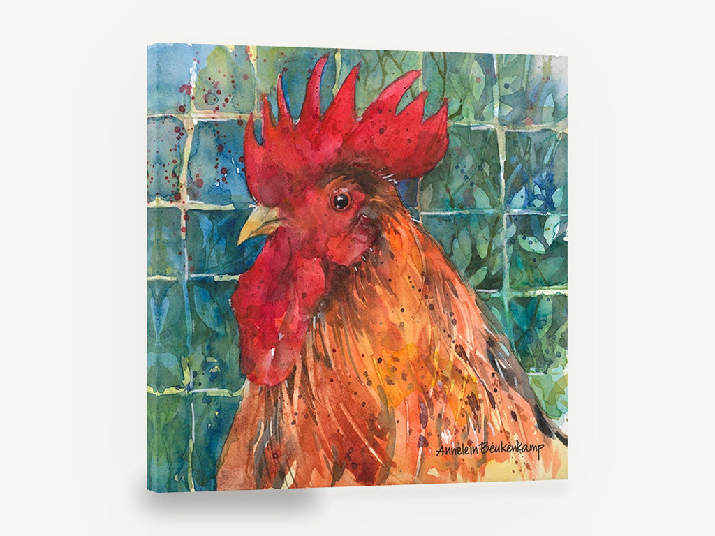 Proud Red Rooster, rooster watercolour portrait, animal canvas wall art print ready to hang