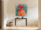 Proud Red Rooster animal canvas print on the wall of a hallway