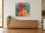 Proud Red Rooster animal canvas print on the wall of a living room above a sideboard