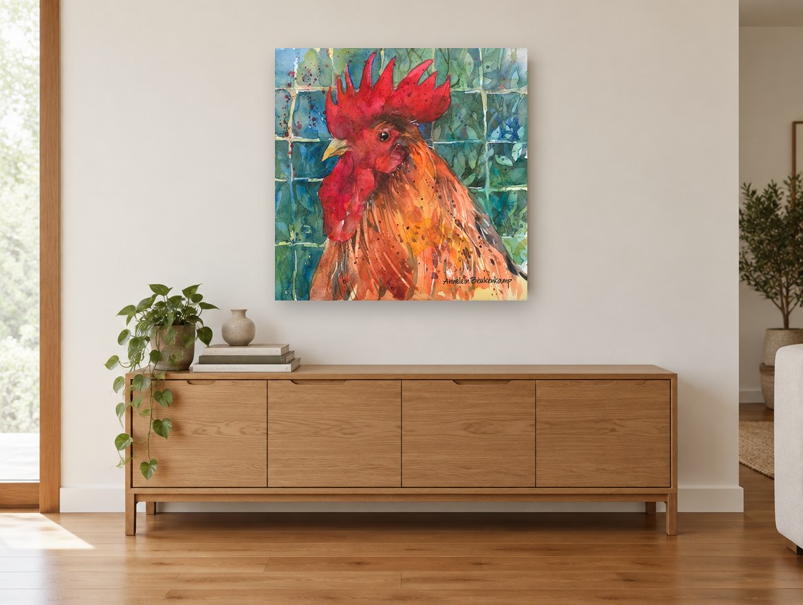 Proud Red Rooster animal canvas print on the wall of a living room above a sideboard